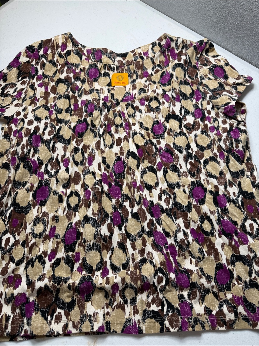 Ruby Rd. Purple, Tan & Brown Leopard-Print Short Sleeve Blouse